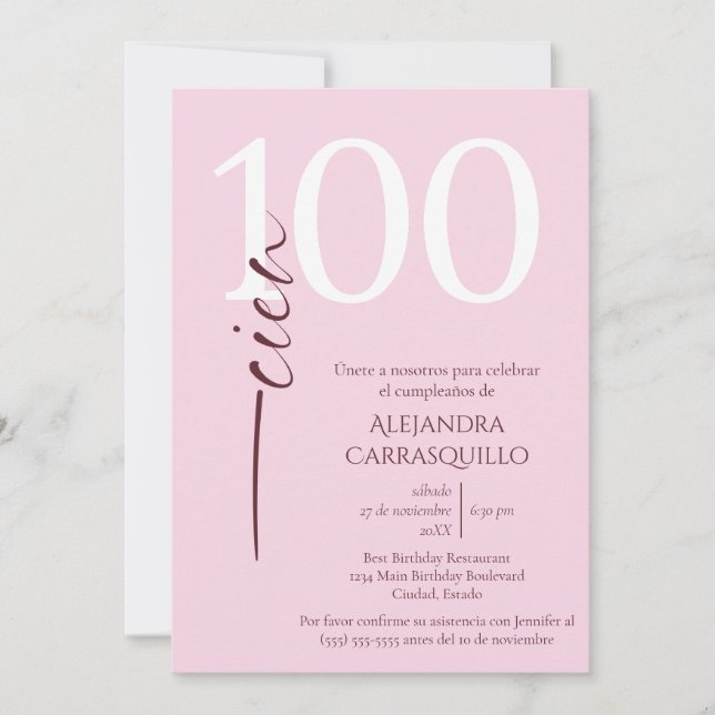 Invitación Rosa Minimalista española 100 años (Anverso)