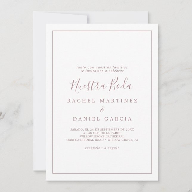 Invitación Rosa minimalista Oro Español Nuestra Boda (Anverso)