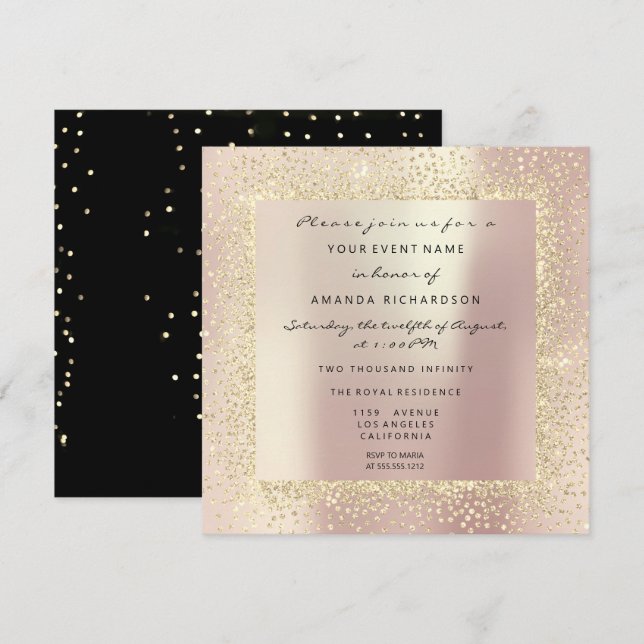 Invitación Rosa mínimo Champaigne Gold Black Confetti Rubor (Anverso / Reverso)