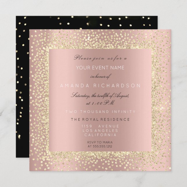 Invitación Rosa mínimo Champaigne Gold Black Confetti Rubor (Anverso / Reverso)