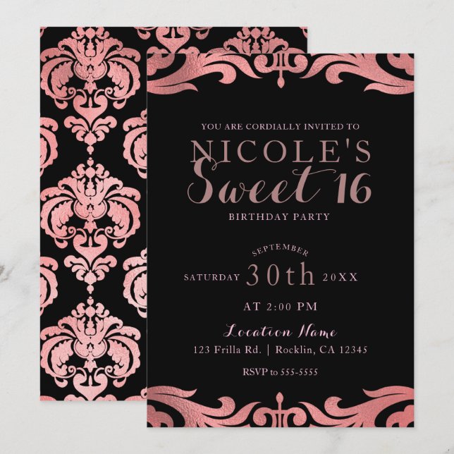 Invitación Rosa  Moda de Damasco Negro Elegante dulce 16 Fies (Anverso / Reverso)