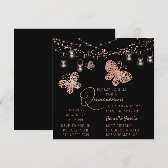 Invitación Rosa Moda de la mariposa de oro Quinceañera modern (Anverso / Reverso)