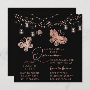 Invitación Rosa Moda de la mariposa de oro Quinceañera modern