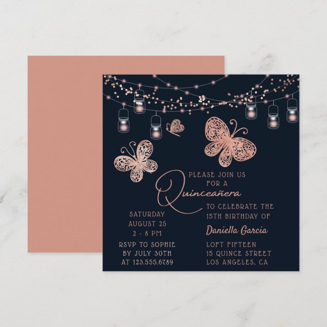 Invitación Rosa Moda de la mariposa de oro Quinceañera modern (Anverso / Reverso)