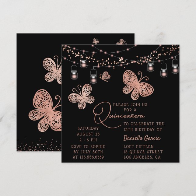 Invitación Rosa Moda de la mariposa de oro Quinceañera modern (Anverso / Reverso)