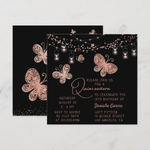 Invitación Rosa Moda de la mariposa de oro Quinceañera modern