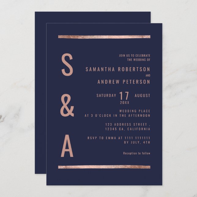 Invitación Rosa moda oro azul marino rayas geométricas boda (Anverso / Reverso)
