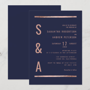 Invitación Rosa moda oro azul marino rayas geométricas boda