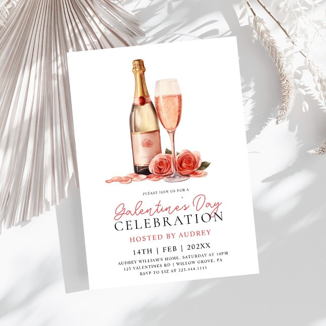 Invitación Rosa moderna Vino Champagne Galentine's Day Fiesta (Subido por el creador)