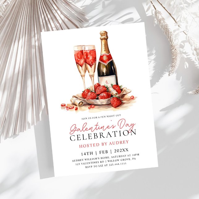 Invitación Rosa moderna Vino Champagne Galentine's Day Fiesta (Subido por el creador)