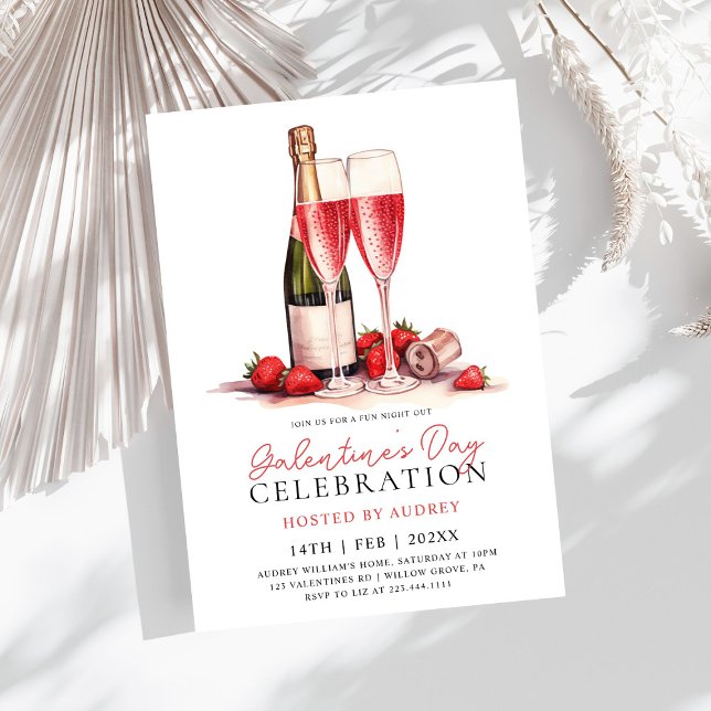 Invitación Rosa moderna Vino Champagne Galentine's Day Fiesta (Subido por el creador)