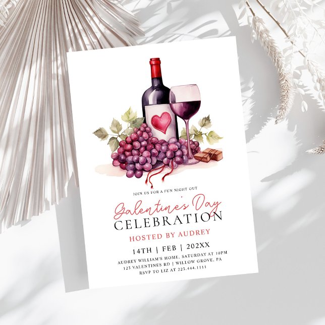 Invitación Rosa moderna Vino Champagne Galentine's Day Fiesta (Subido por el creador)