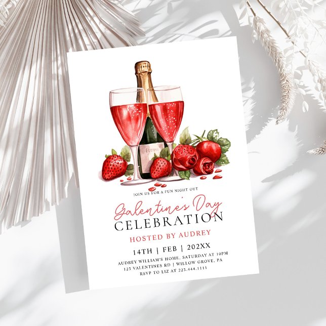 Invitación Rosa moderna Vino Champagne Galentine's Day Fiesta (Subido por el creador)