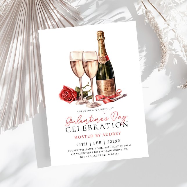 Invitación Rosa moderna Vino Champagne Galentine's Day Fiesta (Subido por el creador)