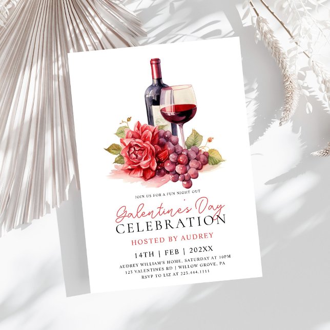 Invitación Rosa moderna Vino Champagne Galentine's Day Fiesta (Subido por el creador)