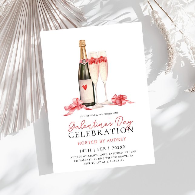 Invitación Rosa moderna Vino Champagne Galentine's Day Fiesta (Subido por el creador)