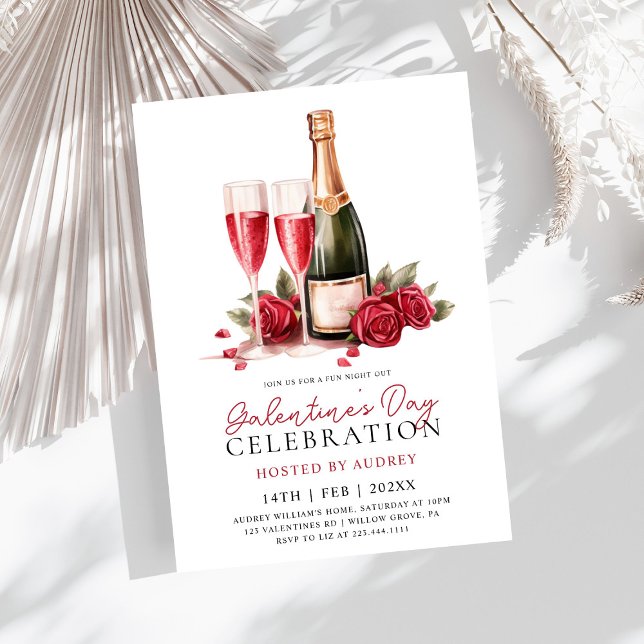 Invitación Rosa moderna Vino Champagne Galentine's Day Fiesta (Subido por el creador)