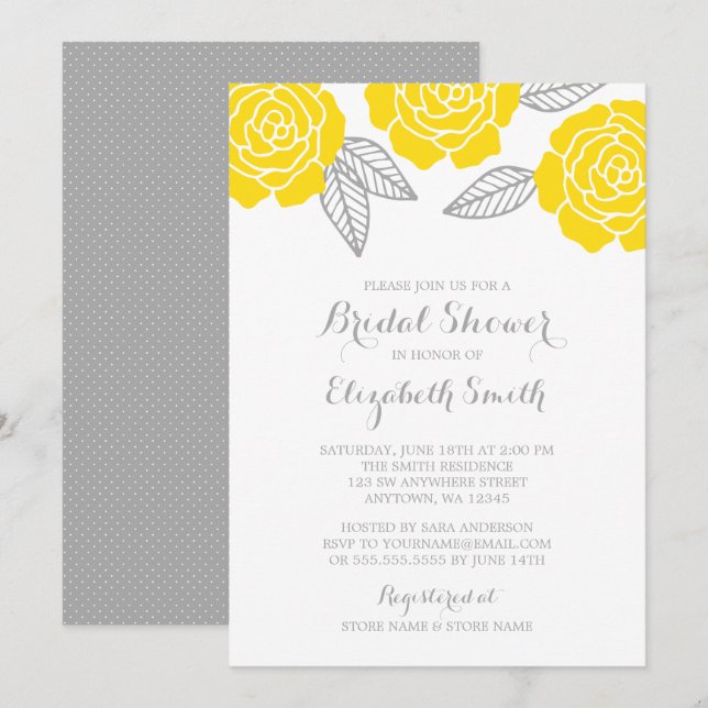 Invitación Rosa moderno amarillo y gris ducha de novia (Anverso / Reverso)