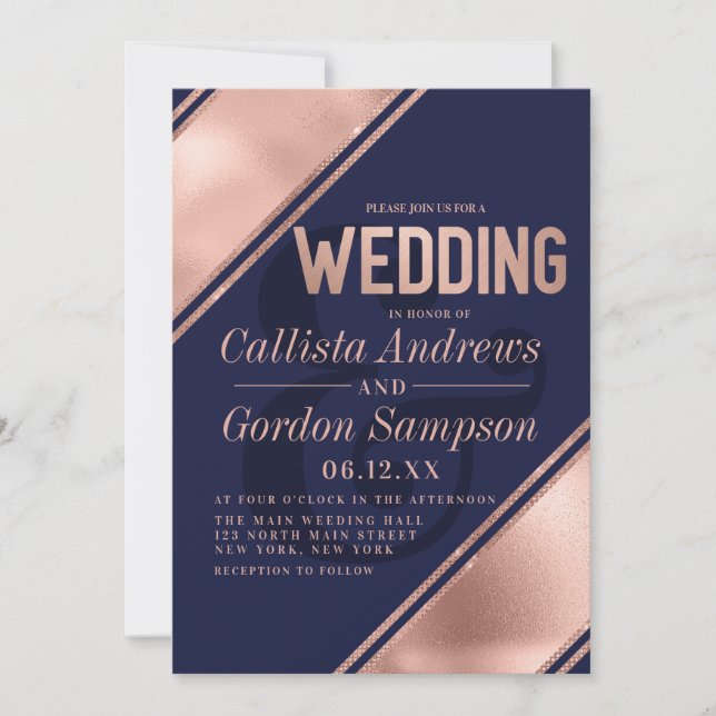 Invitación Rosa moderno Boda de esquina de franja blanca de o (Anverso)