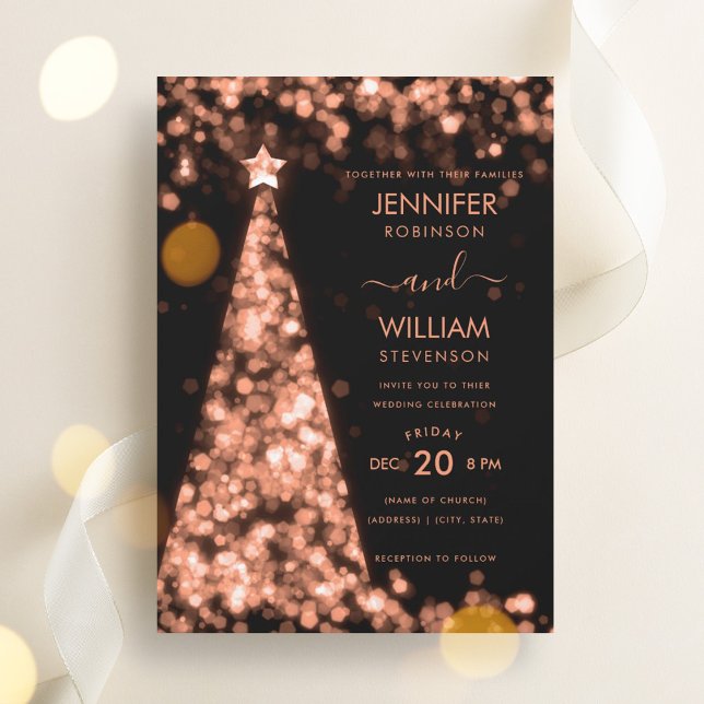 Invitación Rosa   moderno Boda de Navidades de árbol de oro (Modern Festive Rose Gold Tree Christmas Wedding Invitation)