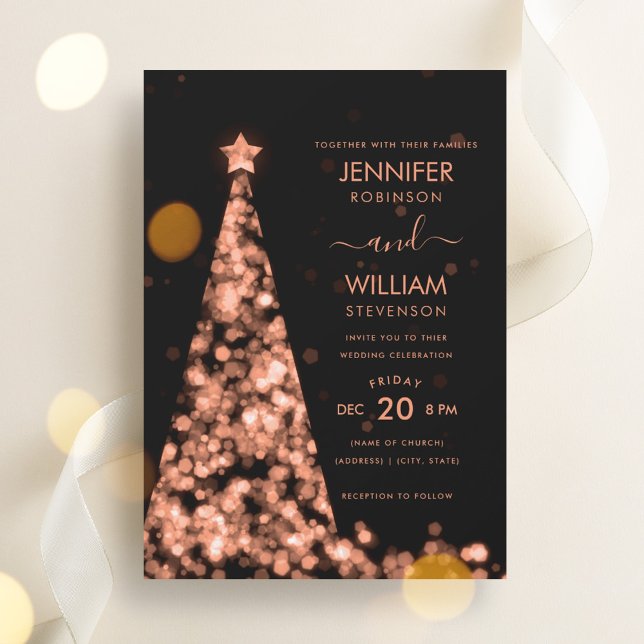 Invitación Rosa   moderno Boda de Navidades de árbol de oro (Modern Festive Rose Gold Tree Christmas Wedding Invitation)