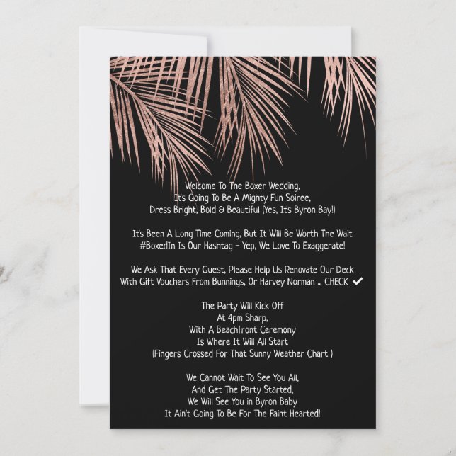 Invitación Rosa moderno boda de palmera tropical negra de col (Anverso)