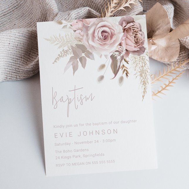 Invitación Rosa moderno Boho Dusty y bautismo floral Rubor (Subido por el creador)