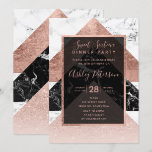 Invitación Rosa moderno de mármol blanco negro dorado Sweet 1