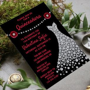 Invitación Rosa moderno de Quinceañera con bata de diamantes