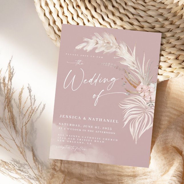 Invitación Rosa moderno de Rubor Pampas Boda Floral Boho (Subido por el creador)
