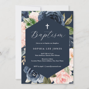 Invitación Rosa Moderno Floral de Melocotón Bautizo 