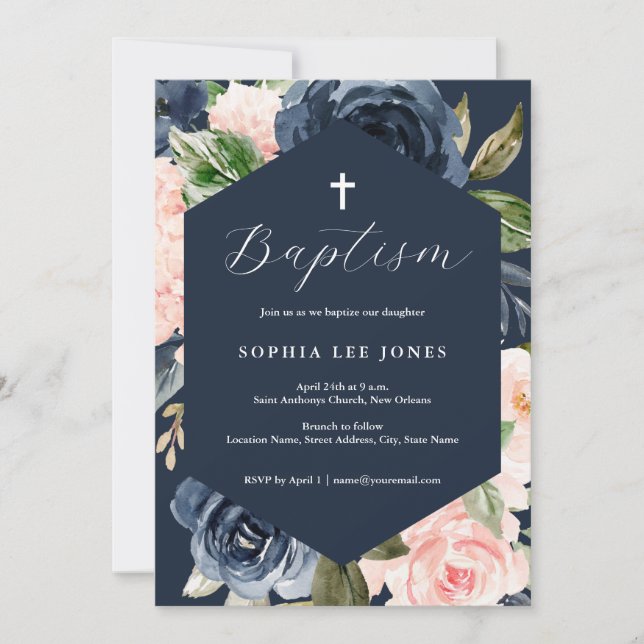 Invitación Rosa Moderno Floral de Melocotón Bautizo  (Anverso)