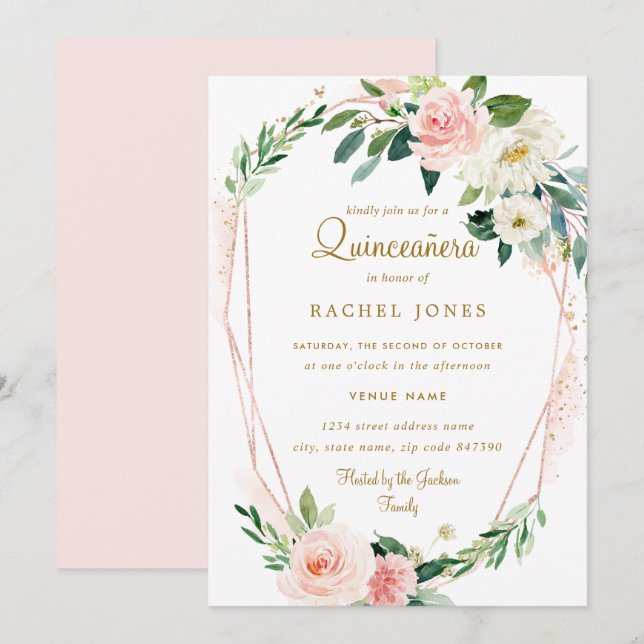 Invitación Rosa moderno Floral de oro Quinceanera (Anverso / Reverso)