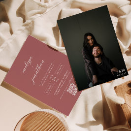 Invitación Rosa moderno Foto Monograma Boda de código QR