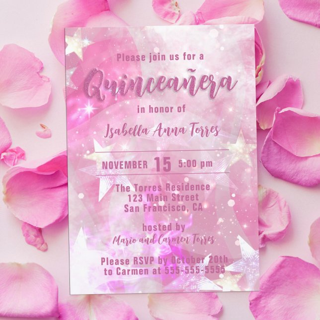 Invitación Rosa Moderno Glam Gleaming Starry Quinceañera (Subido por el creador)