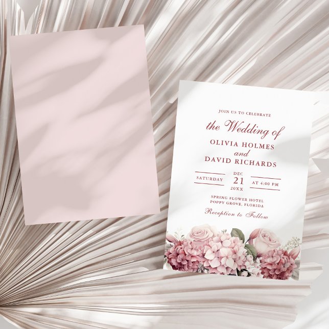 Invitación Rosa moderno Hidrangea Boda (Modern Dusty Rose Hydrangea Wedding Invitation on a sunny neutral dry palm leaf.)
