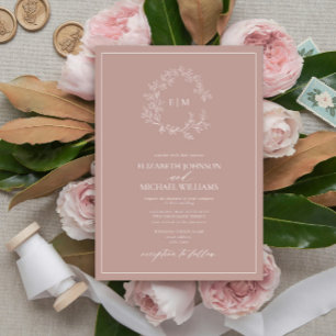 Invitación Rosa moderno Leafy Escudo Monograma Boda