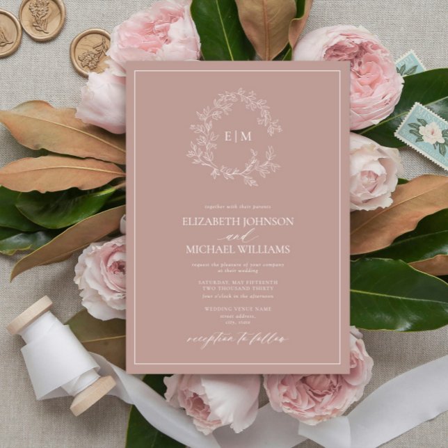 Invitación Rosa moderno  Leafy Escudo Monograma Boda (Subido por el creador)