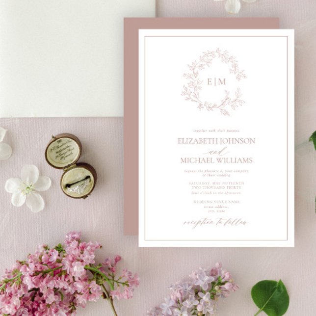 Invitación Rosa moderno  Leafy Escudo Monograma Boda (Subido por el creador)