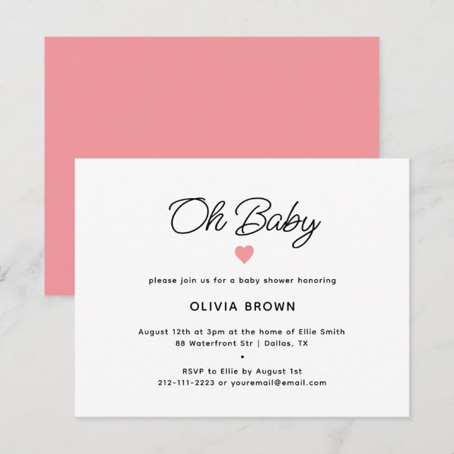 Invitación rosa moderno Oh Baby Shower (Anverso / Reverso)