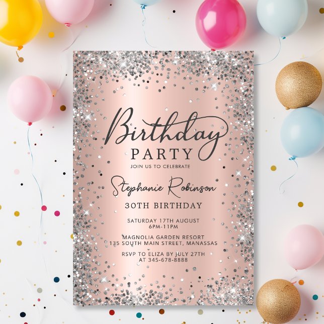 Invitación Rosa moderno oro y Purpurina plateado 30 cumpleaño (Subido por el creador)