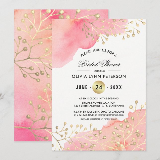 Invitación Rosa moderno | Peach Watercolor Brillante Shower (Anverso / Reverso)