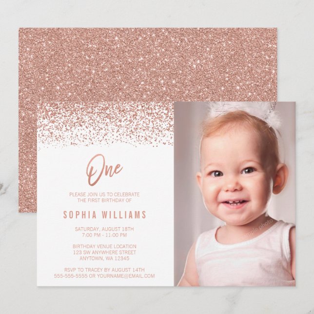 Invitación Rosa moderno Purpurina de Faux de Oro Primer cumpl (Anverso / Reverso)