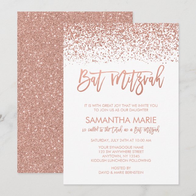 Invitación Rosa moderno Purpurina de Faux Faux Bat Mitzvah (Anverso / Reverso)