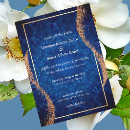 Invitación Rosa moderno Purpurina de oro, Boda de Mandala azu