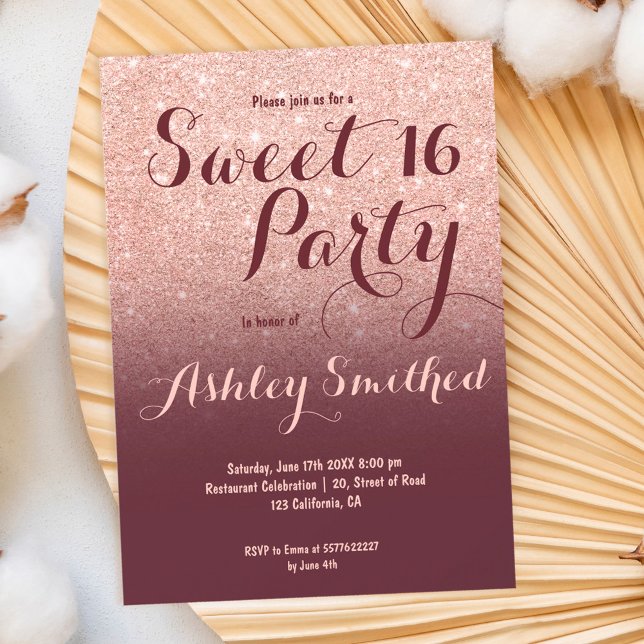 Invitación Rosa moderno purpurina de oro burgundy Sweet 16 (Subido por el creador)