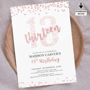 Invitación Rosa moderno Purpurina de oro Confetti 13 cumpleañ