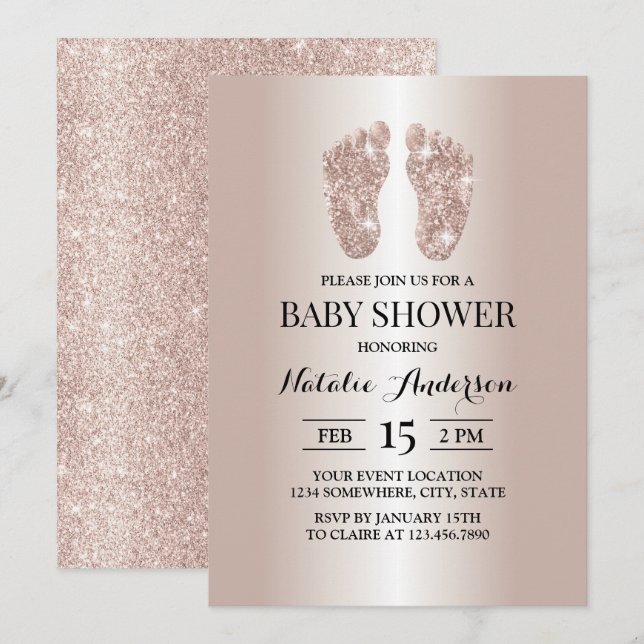 Invitación Rosa moderno Purpurina de oro de pies para bebé Ba (Anverso / Reverso)