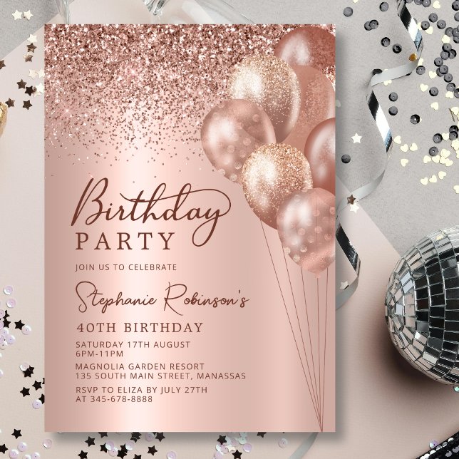 Invitación Rosa moderno Purpurina de oro globo 40 cumpleaños (Subido por el creador)