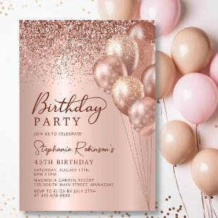Invitación Rosa moderno Purpurina de oro globo 45º cumpleaños